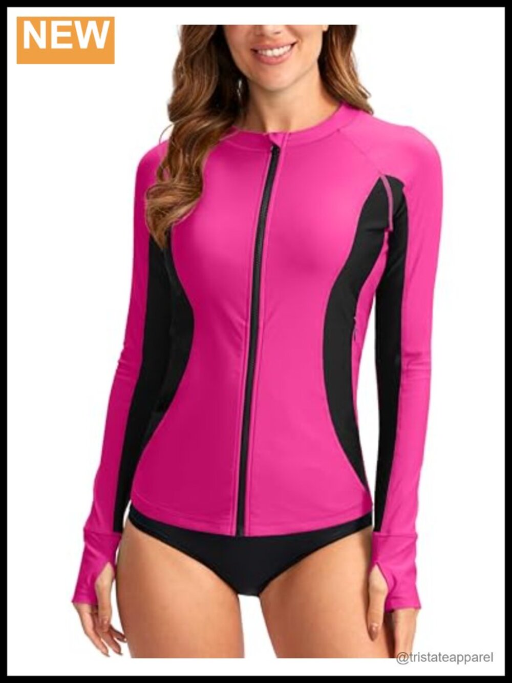 Women's Rash Guard Long Sleeve Zip Front UPF50+ Swim Top with Pockets
